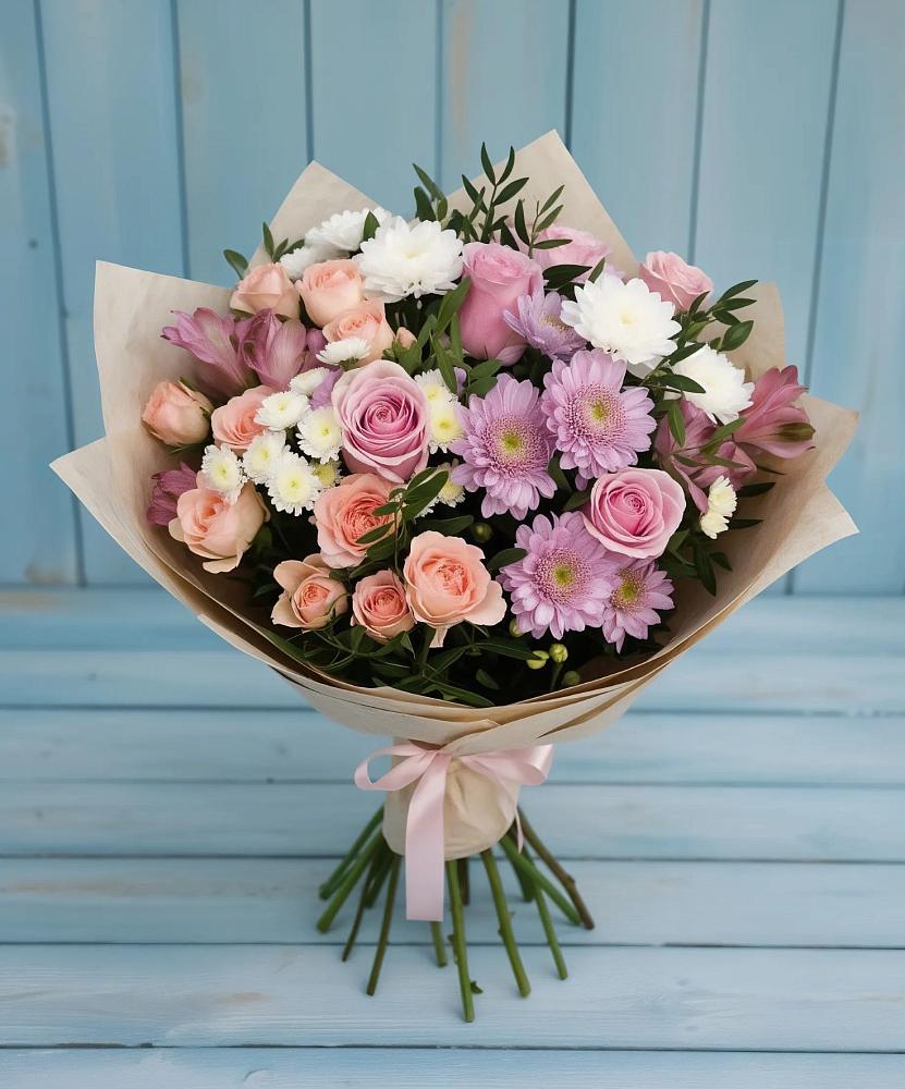 Букет цветов из: Хризантемы, Розы и Альстромерии в Мостовик